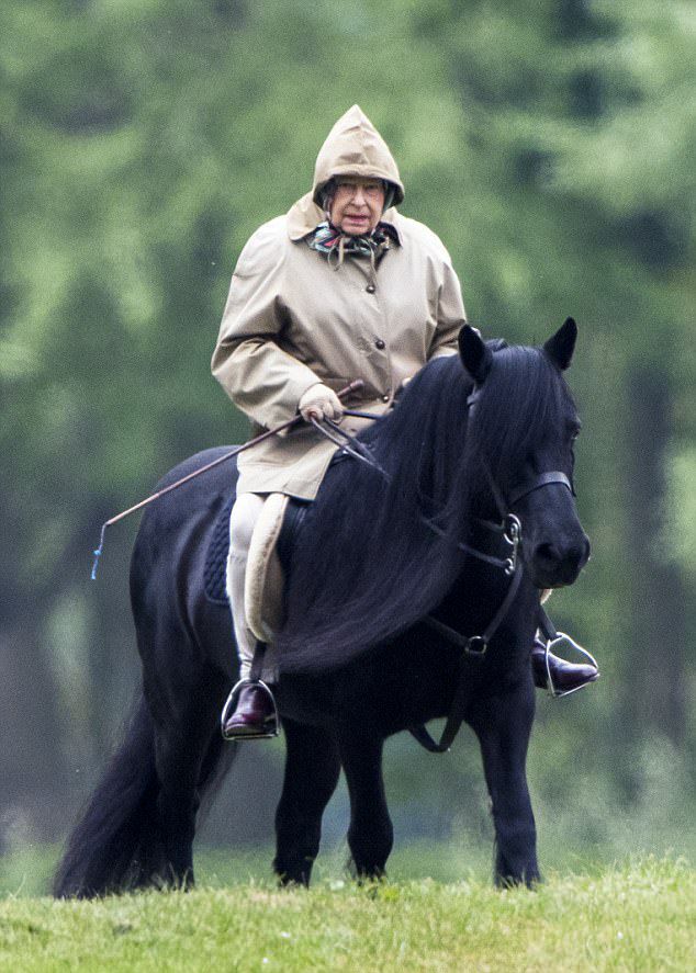 Her Majesty riding her Fell pony, in the rain, at 91 years of age